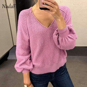 Planet Gates Loose V Neck Autumn Sweaters Women Plain Color Casual Long Sleeve Winter Pullover Sweaters Red Knitted Jumpers Female
