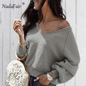 Planet Gates Loose V Neck Autumn Sweaters Women Plain Color Casual Long Sleeve Winter Pullover Sweaters Red Knitted Jumpers Female