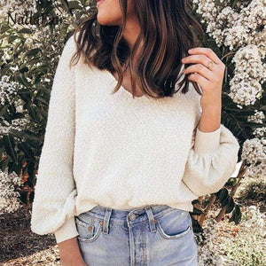 Planet Gates Loose V Neck Autumn Sweaters Women Plain Color Casual Long Sleeve Winter Pullover Sweaters Red Knitted Jumpers Female