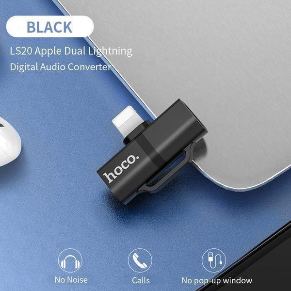 Planet Gates LS20 Black HOCO for Lightning Converter 2 in 1 Convert to 3.5mm Jack Audio Adapter + for Lightning For iPhone 7 8 Plus X XR XS MAX Earphone