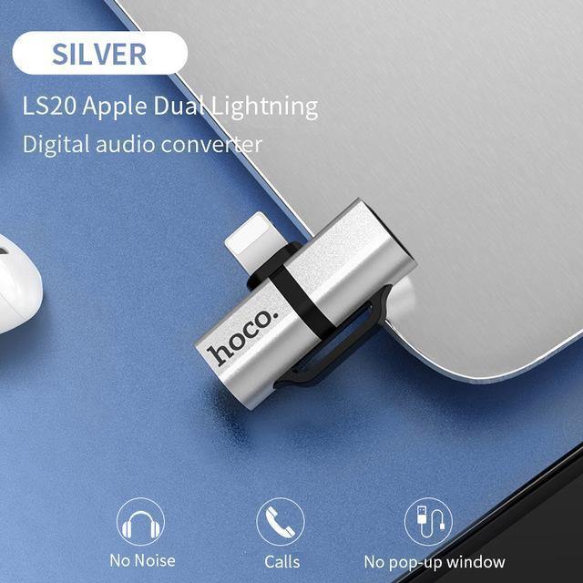 Planet Gates LS21 Silver 3.5 HOCO for Lightning Converter 2 in 1 Convert to 3.5mm Jack Audio Adapter + for Lightning For iPhone 7 8 Plus X XR XS MAX Earphone
