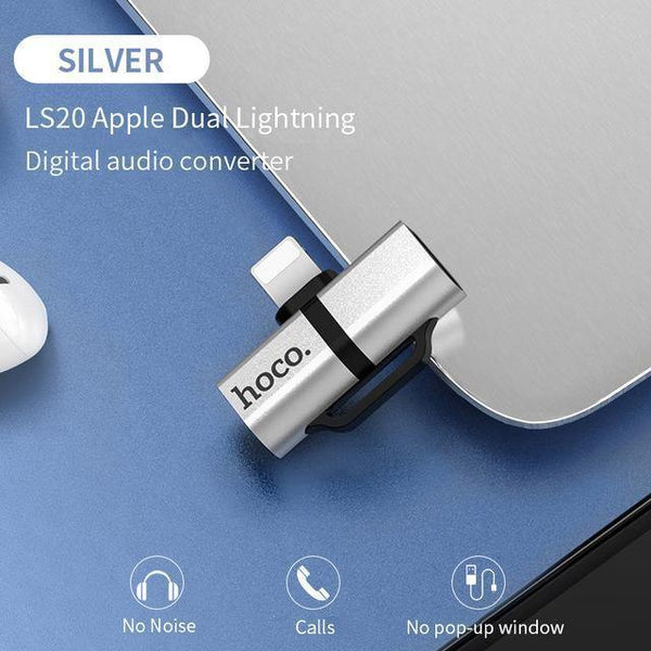 Planet Gates LS20 Silver HOCO for Lightning Converter 2 in 1 Convert to 3.5mm Jack Audio Adapter + for Lightning For iPhone 7 8 Plus X XR XS MAX Earphone