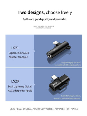 Planet Gates LS21 Silver 3.5 HOCO for Lightning Converter 2 in 1 Convert to 3.5mm Jack Audio Adapter + for Lightning For iPhone 7 8 Plus X XR XS MAX Earphone