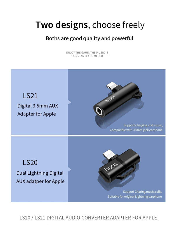 Planet Gates LS21 Silver 3.5 HOCO for Lightning Converter 2 in 1 Convert to 3.5mm Jack Audio Adapter + for Lightning For iPhone 7 8 Plus X XR XS MAX Earphone