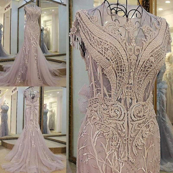 Planet Gates Luxury crystals Tassels cap sleeves sexy beaded illusion neckline design mermaid evening dress xj01980