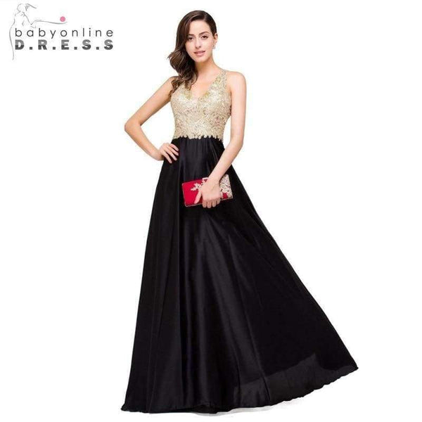 Planet Gates Luxury Gold Lace V-neck Long Evening Dresses 2017 Sexy Open Back Formal Prom Party Dress Black robe de soiree