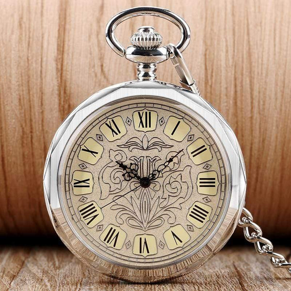 Planet Gates Luxury Irregular Silver Open Face Mechancial Hand Wind Pocket Watch With Chain Men Women Gift P2036C