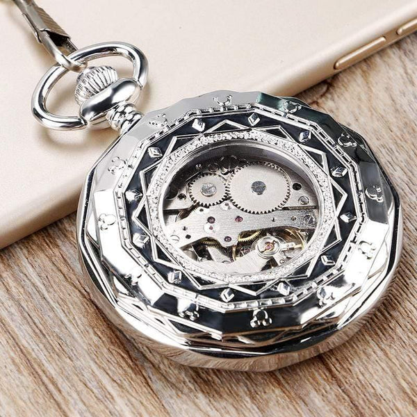Planet Gates Luxury Irregular Silver Open Face Mechancial Hand Wind Pocket Watch With Chain Men Women Gift P2036C