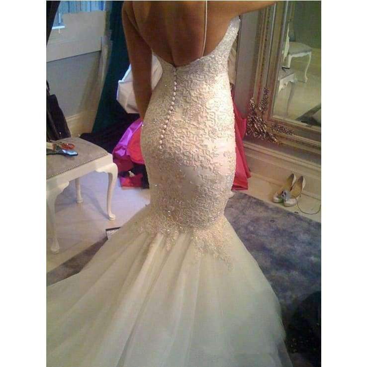 Planet Gates Luxury Mermaid Wedding Dresses Sexy Lace Appliqued Beaded Wedding Gowns Spaghetti Straps Custom Made Robe De Mariage