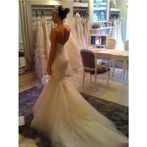 Planet Gates Luxury Mermaid Wedding Dresses Sexy Lace Appliqued Beaded Wedding Gowns Spaghetti Straps Custom Made Robe De Mariage