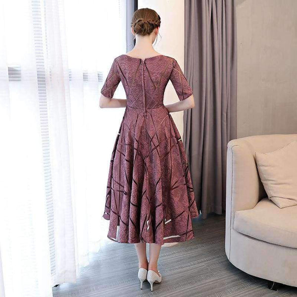 Planet Gates Luxury O-Neck Half Sleeve Embroidery Zipper Cocktail Dresses A-line Tea Length Formal Dress LX465