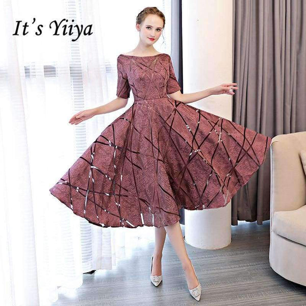 Planet Gates Luxury O-Neck Half Sleeve Embroidery Zipper Cocktail Dresses A-line Tea Length Formal Dress LX465