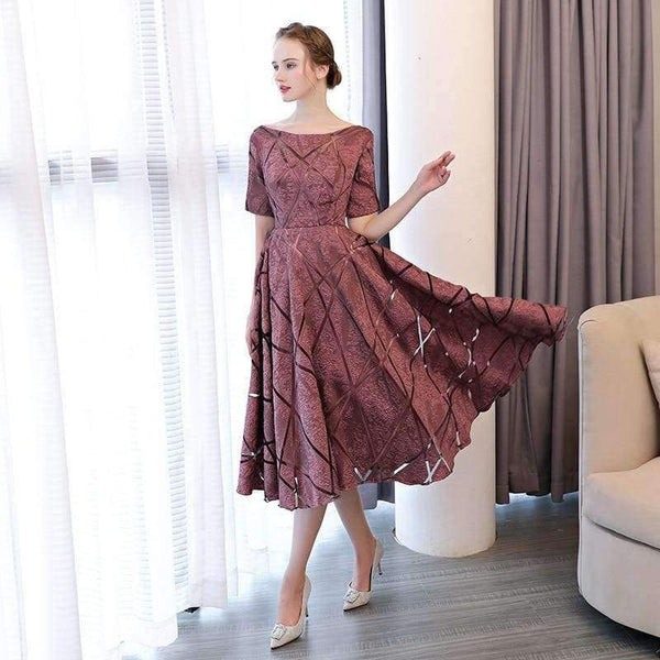 Planet Gates Luxury O-Neck Half Sleeve Embroidery Zipper Cocktail Dresses A-line Tea Length Formal Dress LX465