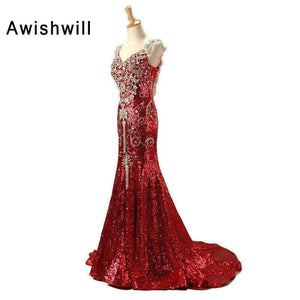 Planet Gates Luxury Red Long Sequin Dress Robe de Soiree Femme V-neck Crystal Beadings Mermaid Long Party Gowns Dubai Evening Dresses