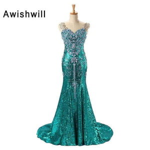 Planet Gates Luxury Red Long Sequin Dress Robe de Soiree Femme V-neck Crystal Beadings Mermaid Long Party Gowns Dubai Evening Dresses