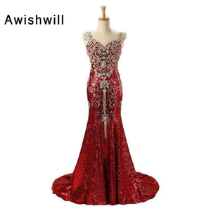Planet Gates Luxury Red Long Sequin Dress Robe de Soiree Femme V-neck Crystal Beadings Mermaid Long Party Gowns Dubai Evening Dresses
