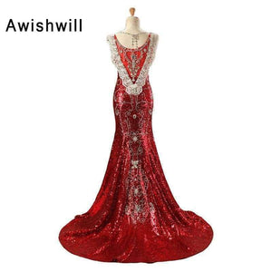 Planet Gates Luxury Red Long Sequin Dress Robe de Soiree Femme V-neck Crystal Beadings Mermaid Long Party Gowns Dubai Evening Dresses