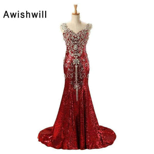 Planet Gates Luxury Red Long Sequin Dress Robe de Soiree Femme V-neck Crystal Beadings Mermaid Long Party Gowns Dubai Evening Dresses