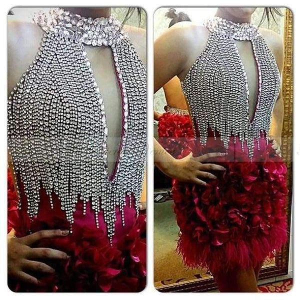 Planet Gates Luxury Rhinestones High Neck Feather Cocktail Dresses Keyhole Backless 3D Flowers Black Short Cocktail Party Dresses