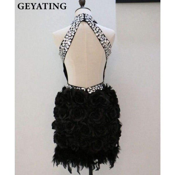 Planet Gates Luxury Rhinestones High Neck Feather Cocktail Dresses Keyhole Backless 3D Flowers Black Short Cocktail Party Dresses
