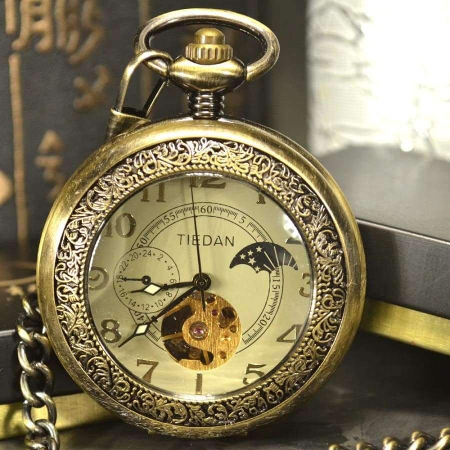 Planet Gates Luxury Skeleton Bronze Retro Antique Skeleton Mechanical Pocket Watch Men Chain Necklace Business Pocket & Fob Watches