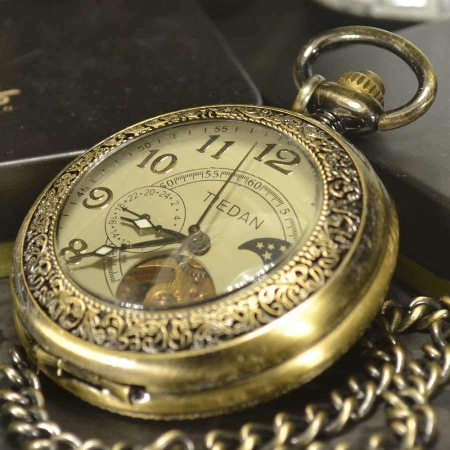 Planet Gates Luxury Skeleton Bronze Retro Antique Skeleton Mechanical Pocket Watch Men Chain Necklace Business Pocket & Fob Watches