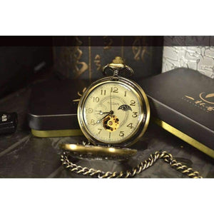 Луксозен скелетен бронзов ретро античен скелетен механичен джобен часовник за мъже с верижка, бизнес джобни и Fob часовници