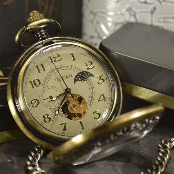 Луксозен скелетен бронзов ретро античен скелетен механичен джобен часовник за мъже с верижка, бизнес джобни и Fob часовници