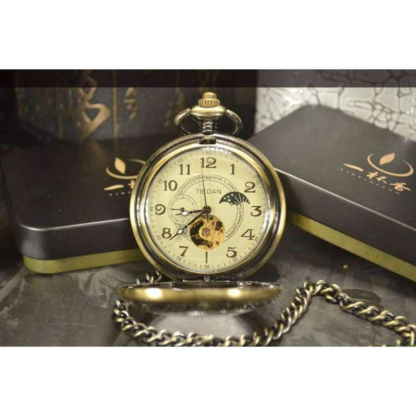 Луксозен скелетен бронзов ретро античен скелетен механичен джобен часовник за мъже с верижка, бизнес джобни и Fob часовници