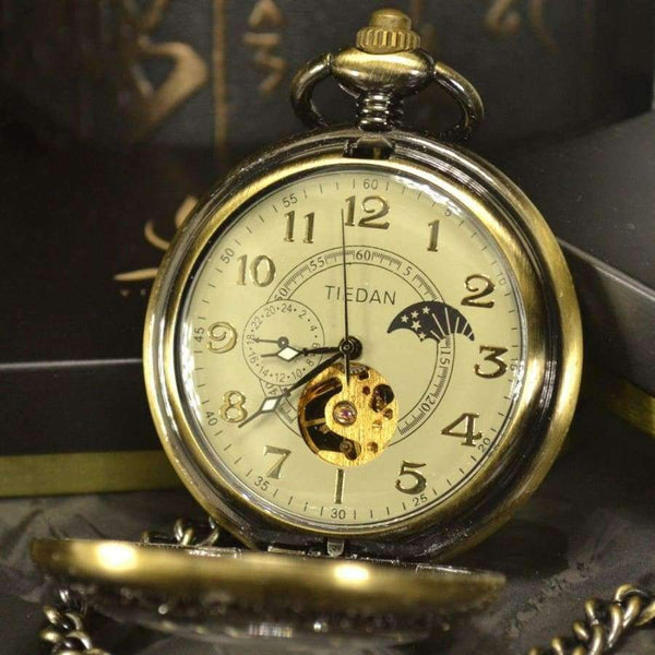 Луксозен скелетен бронзов ретро античен скелетен механичен джобен часовник за мъже с верижка, бизнес джобни и Fob часовници