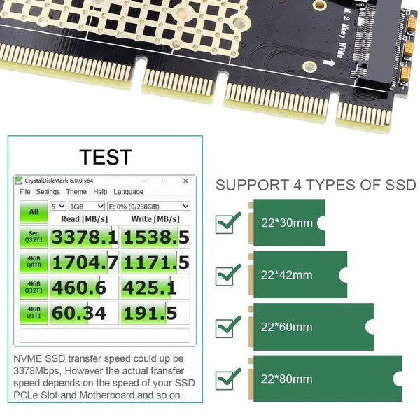 Planet Gates M.2 NVMe Adapter SSD to PCIe Card M2 Key M Driver with Silicone Cooling Pad Hard Drive Adapter Support PCIe x4x8x16 Slot