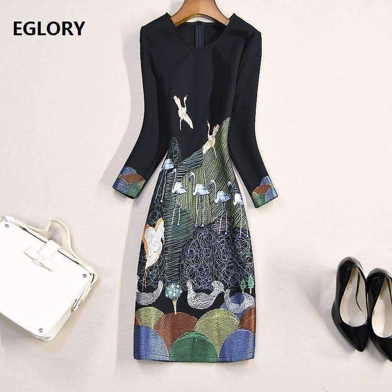 Planet Gates M Autumn Bodycon Dress Women Cute Birds Embroidery 3/4 Sleeve Sheath Knee-Length Party Cocktail Lady Dress Event