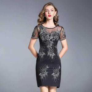 Planet Gates M Party Events Women Fashion Dress 2017 Autumn Ladies Sheer Mesh Embroidery Short Sleeve Bodycon Dress Vestidos Feminino Robe