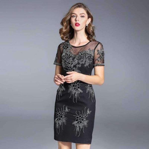 Planet Gates M Party Events Women Fashion Dress 2017 Autumn Ladies Sheer Mesh Embroidery Short Sleeve Bodycon Dress Vestidos Feminino Robe