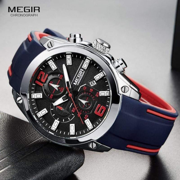 Planet Gates M2063Black-1 Men's Chronograph Analog Quartz Watch with Date, Luminous Hands, Waterproof Silicone Rubber Strap Wristswatch for Man