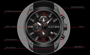 Planet Gates M2063Black-1 Men's Chronograph Analog Quartz Watch with Date, Luminous Hands, Waterproof Silicone Rubber Strap Wristswatch for Man