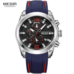 Planet Gates M2063Blue Men's Chronograph Analog Quartz Watch with Date, Luminous Hands, Waterproof Silicone Rubber Strap Wristswatch for Man