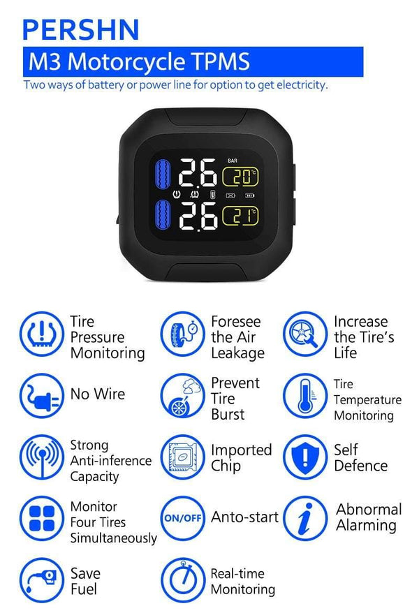 Planet Gates M3 Wireless Motorcycle TPMS Tire Pressure Monitoring System TPMS Motorcycle Tire Pressure Sensor Universal 2 External Sensors