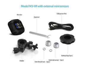 Planet Gates M3 Wireless Motorcycle TPMS Tire Pressure Monitoring System TPMS Motorcycle Tire Pressure Sensor Universal 2 External Sensors