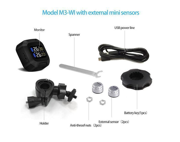 Planet Gates M3 Wireless Motorcycle TPMS Tire Pressure Monitoring System TPMS Motorcycle Tire Pressure Sensor Universal 2 External Sensors
