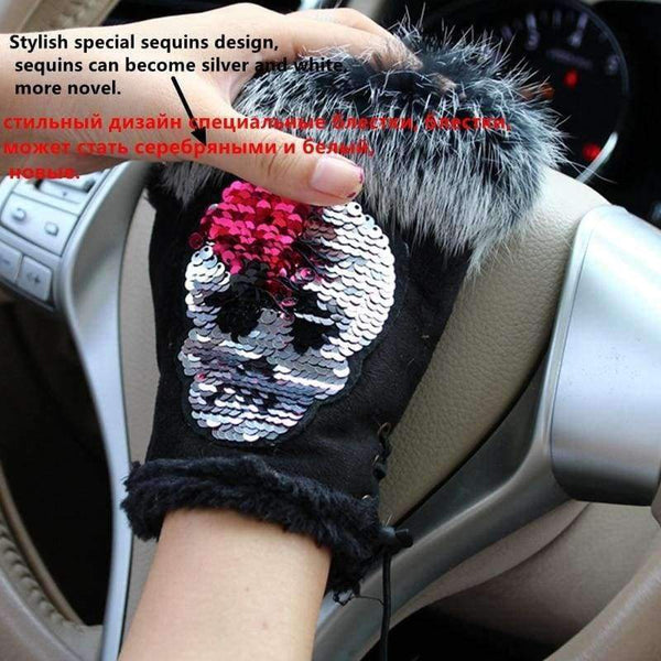 Planet Gates Magic Fashion Winter Gloves Women Skull silvery Sequins Rabbit Fur Gloves winter Gloves Suede half finger Mittens Female