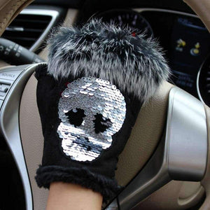 Planet Gates Magic Fashion Winter Gloves Women Skull silvery Sequins Rabbit Fur Gloves winter Gloves Suede half finger Mittens Female