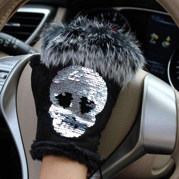 Planet Gates Magic Fashion Winter Gloves Women Skull silvery Sequins Rabbit Fur Gloves winter Gloves Suede half finger Mittens Female