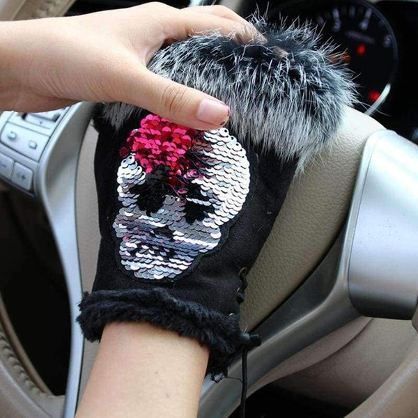 Planet Gates Magic Fashion Winter Gloves Women Skull silvery Sequins Rabbit Fur Gloves winter Gloves Suede half finger Mittens Female
