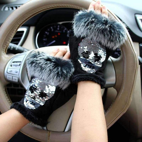 Planet Gates Magic Fashion Winter Gloves Women Skull silvery Sequins Rabbit Fur Gloves winter Gloves Suede half finger Mittens Female