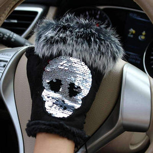 Planet Gates Magic Fashion Winter Gloves Women Skull silvery Sequins Rabbit Fur Gloves winter Gloves Suede half finger Mittens Female