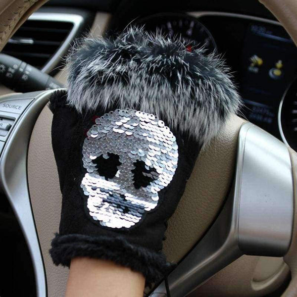 Planet Gates Magic Fashion Winter Gloves Women Skull silvery Sequins Rabbit Fur Gloves winter Gloves Suede half finger Mittens Female