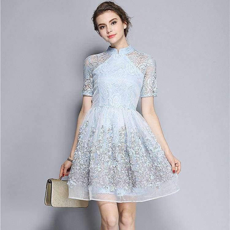 Planet Gates Mandarin Collar Dress Luxury Women Appliques Embroidery Short Sleeve Summer Lace Dress Event For Party Wedding NS416