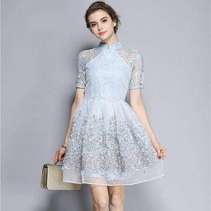 Planet Gates Mandarin Collar Dress Luxury Women Appliques Embroidery Short Sleeve Summer Lace Dress Event For Party Wedding NS416
