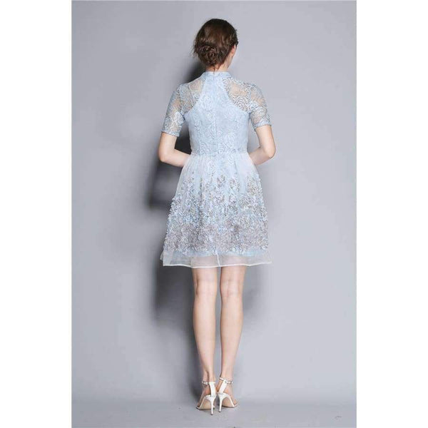 Planet Gates Mandarin Collar Dress Luxury Women Appliques Embroidery Short Sleeve Summer Lace Dress Event For Party Wedding NS416